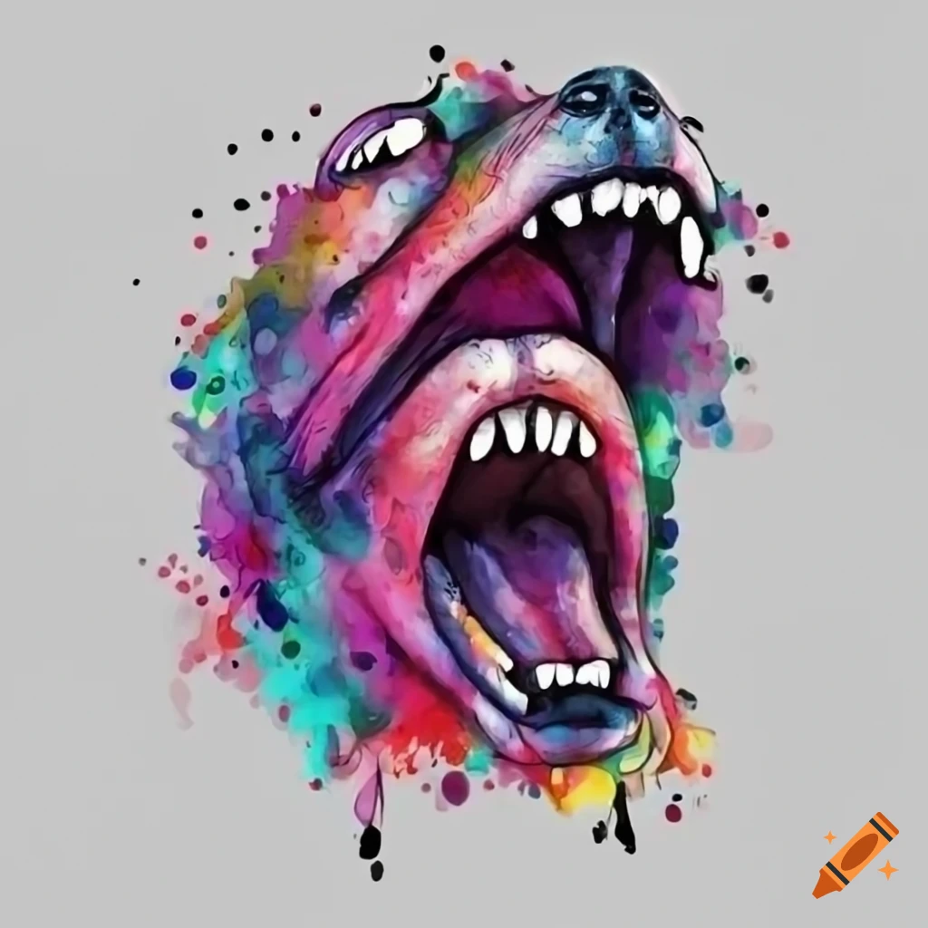 black and white tattoo-style dog barking with mouth wide open
