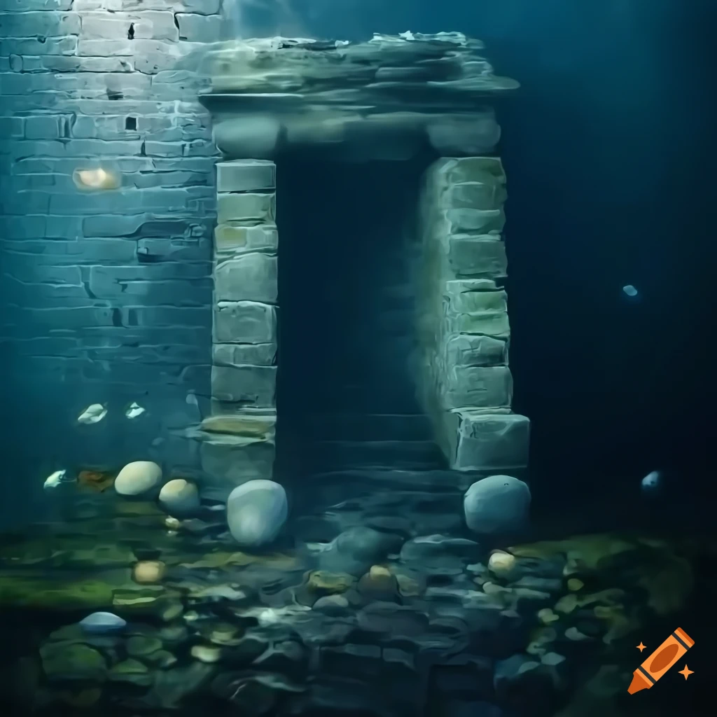 surreal stone entrance to underwater stairs