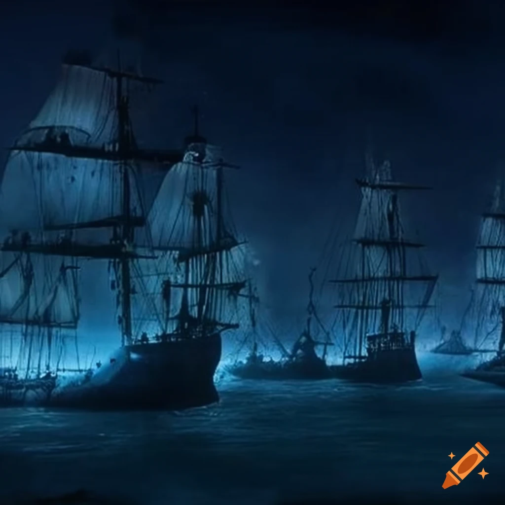Image of a ghost fleet sailing at night on Craiyon