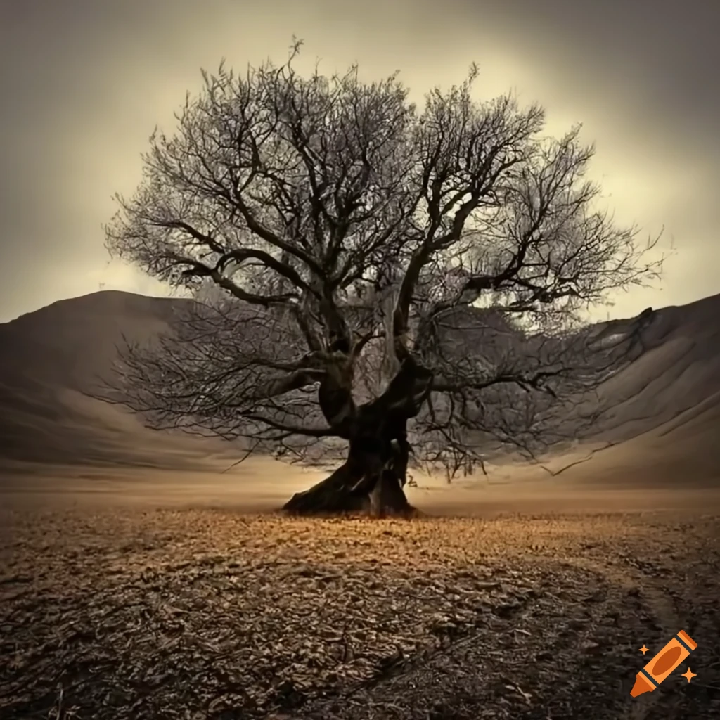 emotive image of a solitary tree in barren mountains