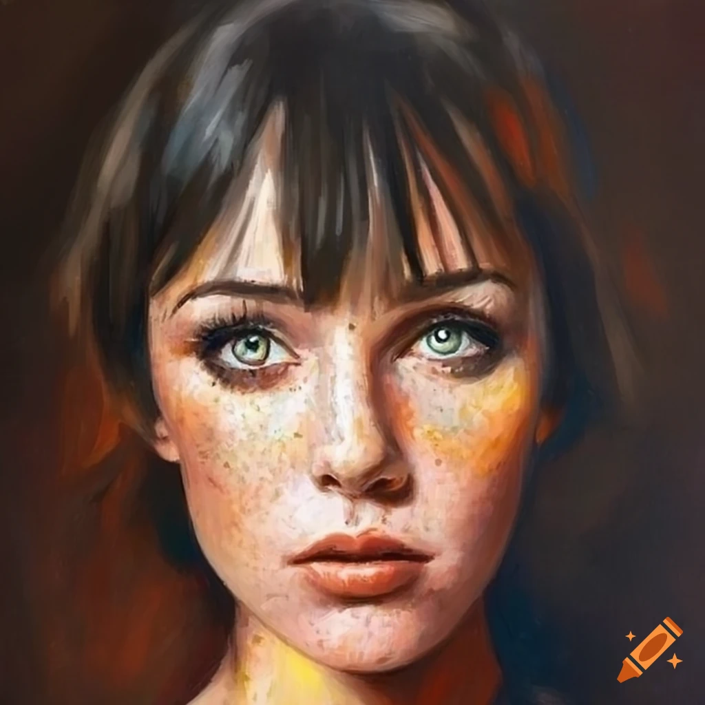 Oil painting of a beautiful woman with black bangs and green eyes on