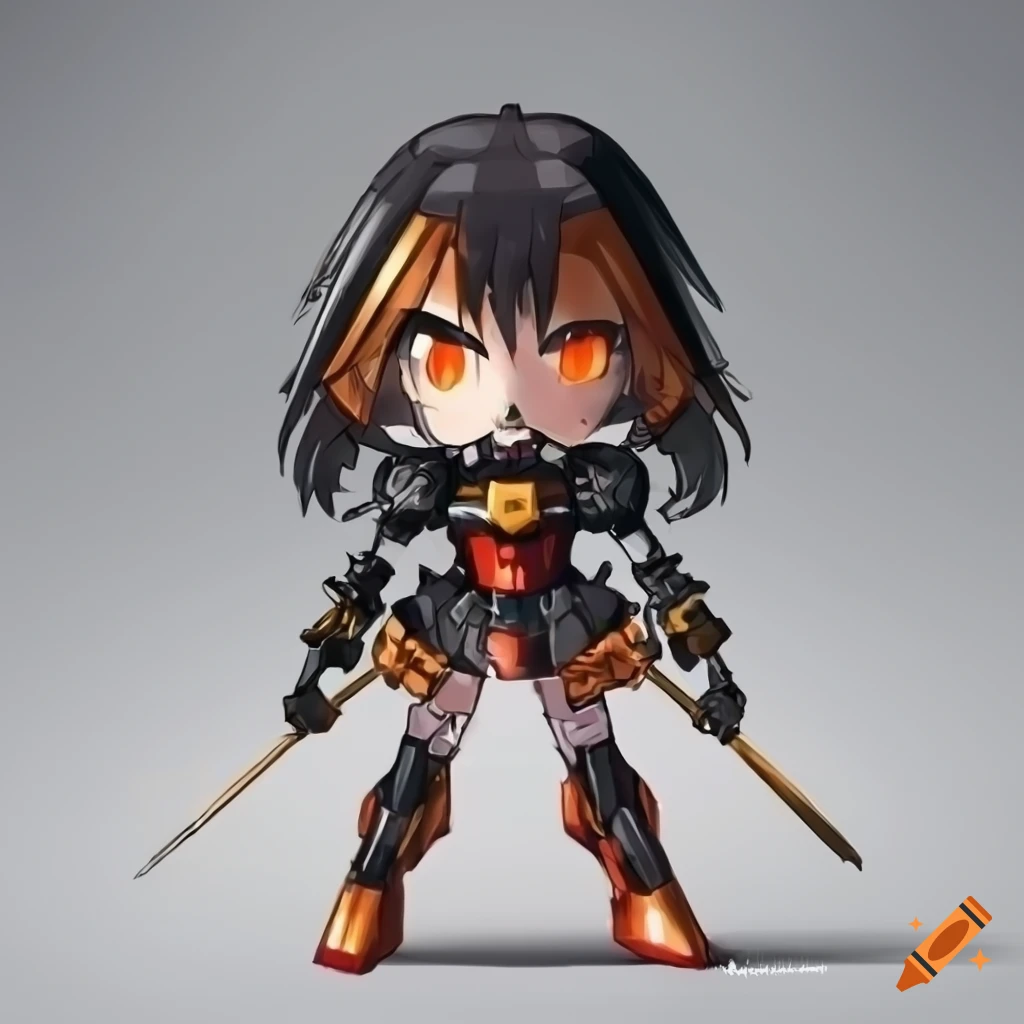 chibi Gundam robot with orange and black metallic armor