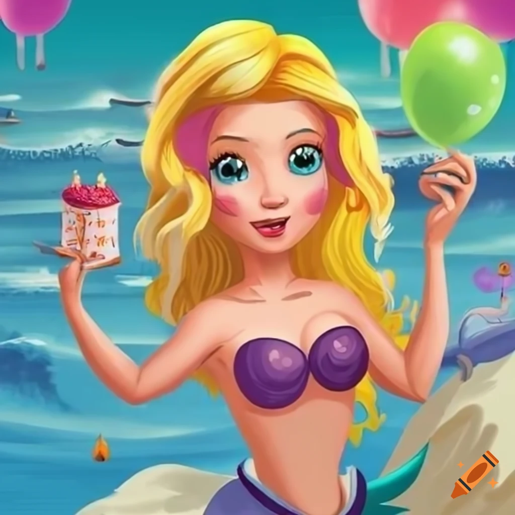 cartoon mermaid celebrating birthday with friends