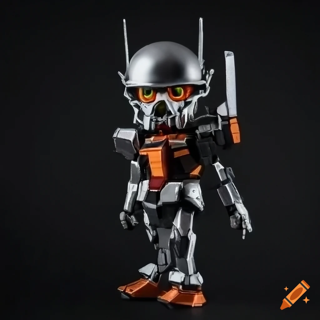 chibi robot with black, orange, and white armor