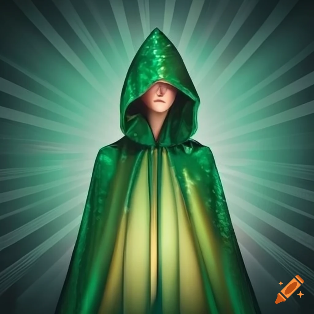 Green and gold hooded cape with comic book style on Craiyon