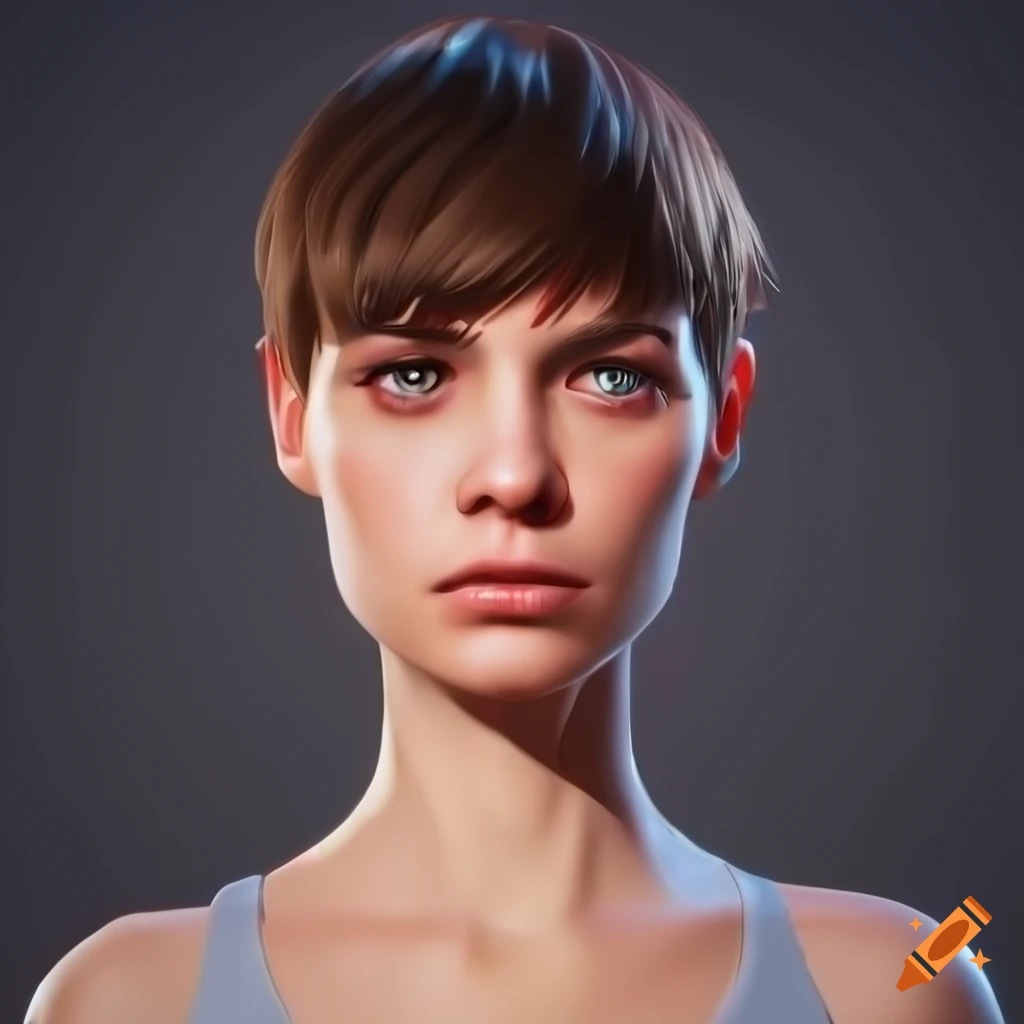 portrait of a young woman with short brown hair and turquoise eyes