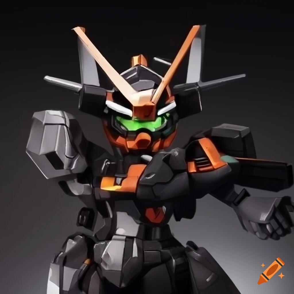 black and orange chibi Gundam robot with raven-inspired armor