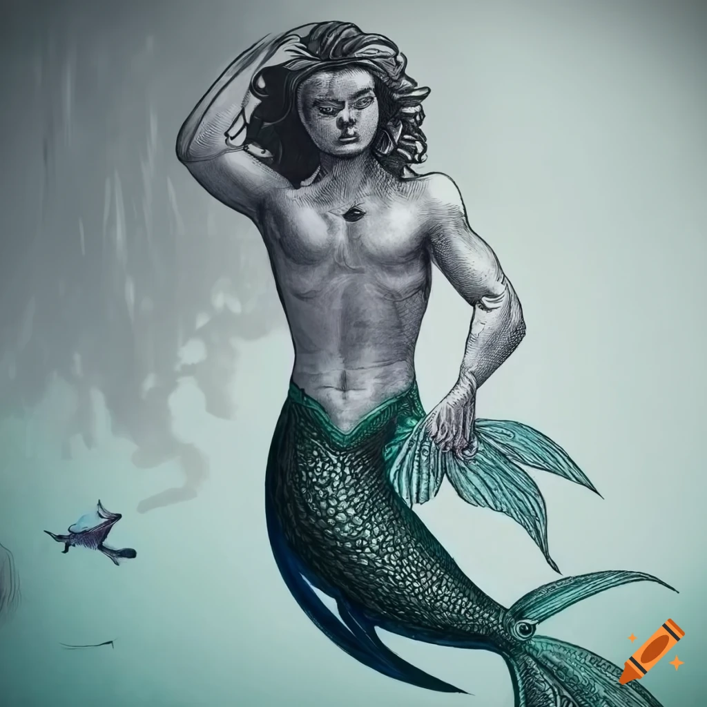 detailed etching of a merman in full pose