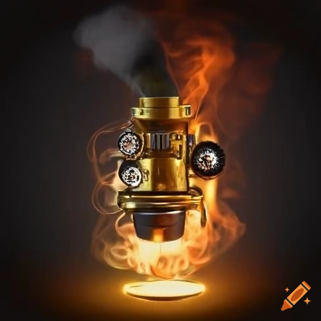 Detailed steam punk microscope frame with smoke and fire