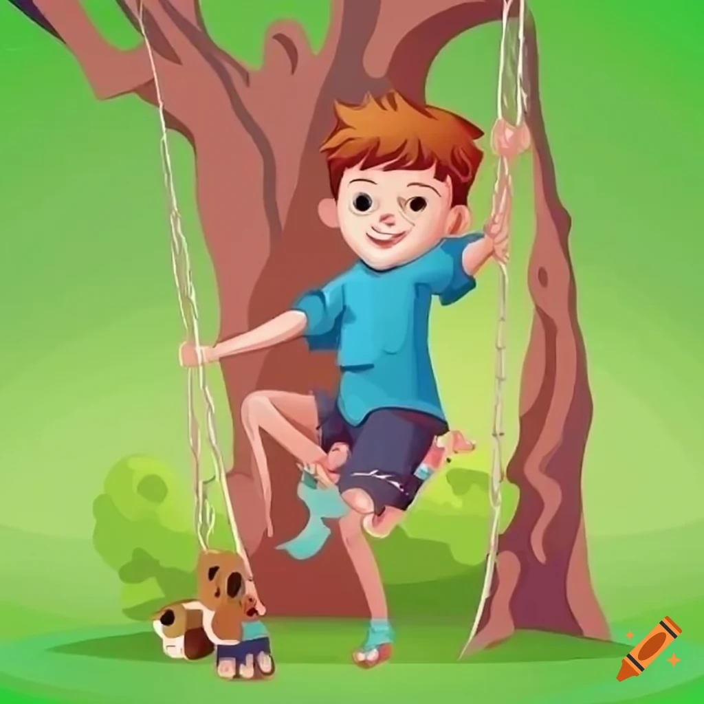 Cartoon boy swinging in a colorful backyard with his dog on Craiyon