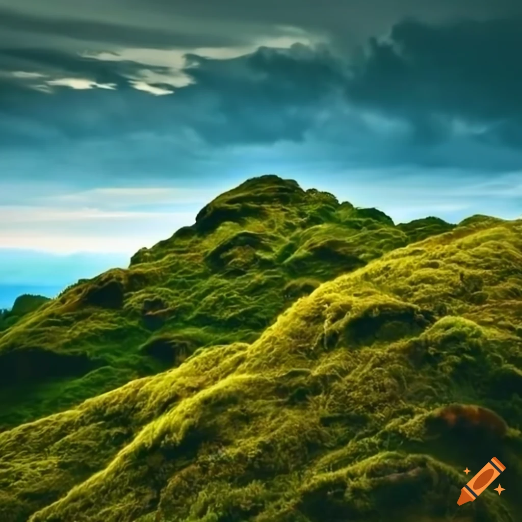 mossy hill with distant mountains in the background