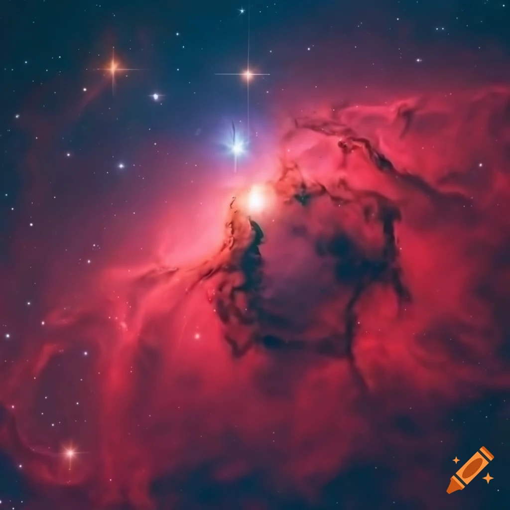 photorealistic depiction of a red nebula surrounded by stars