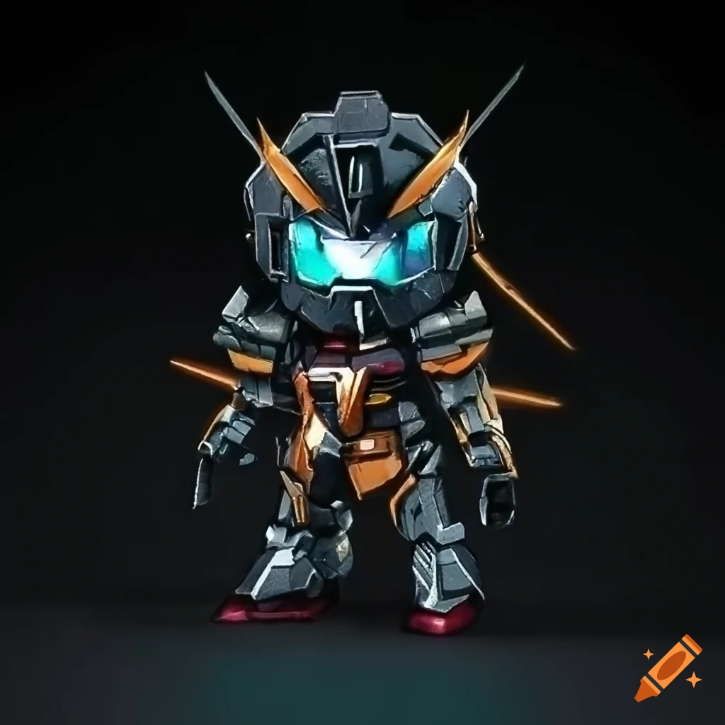 chibi Gundam robot with black and orange metallic armor