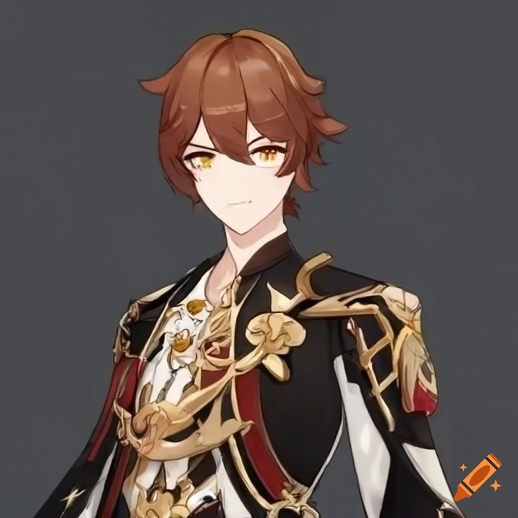 Genshin impact character with brown hair and glowing eyes on Craiyon