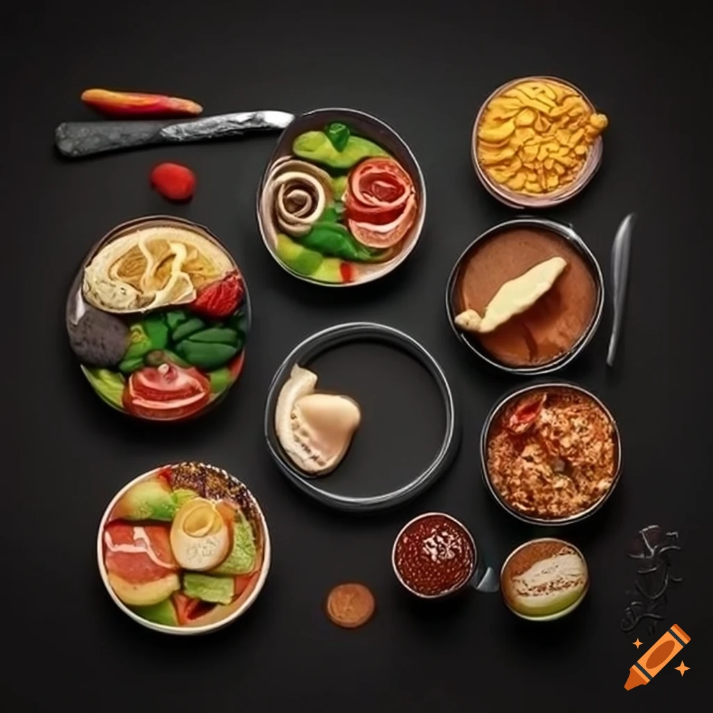 meticulously arranged delicious food on a dark table