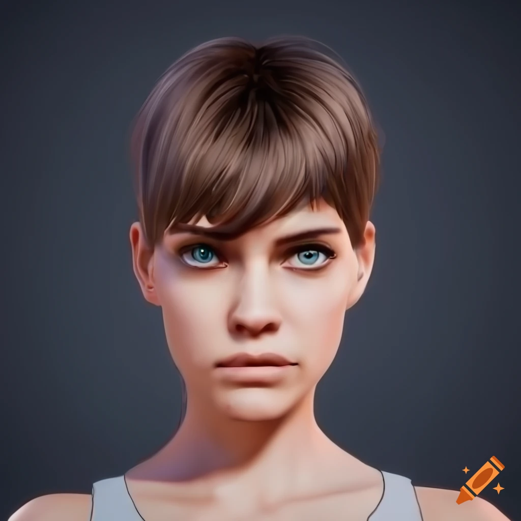 studio portrait of a young woman with short brown hair and turquoise eyes