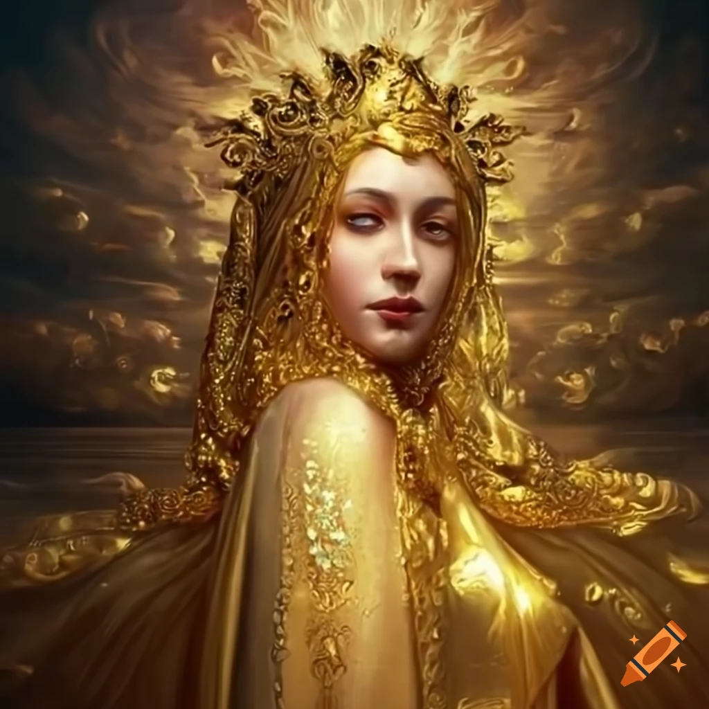 Hyper realistic painting of a goddess in golden robes on Craiyon