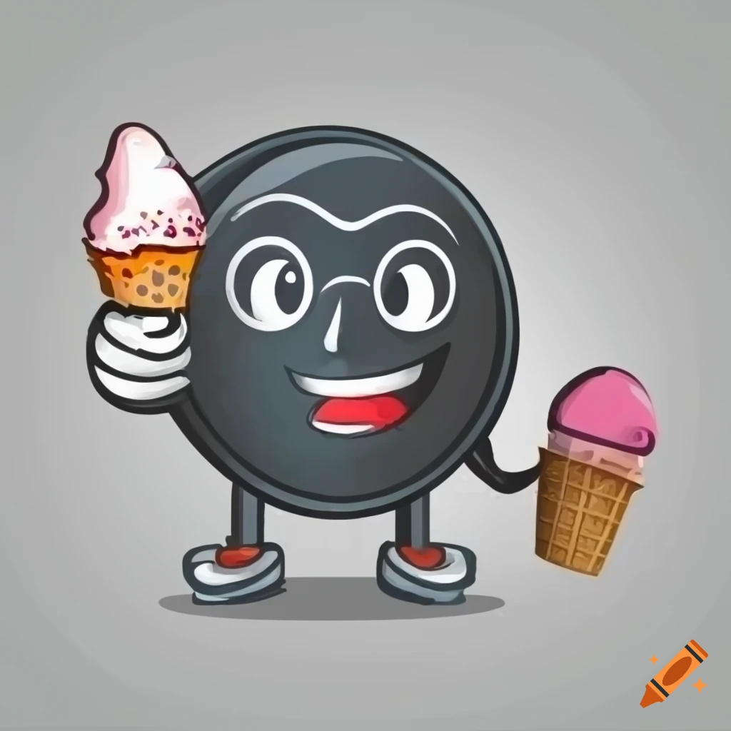 Black hockey puck character holding an ice cream cone on Craiyon
