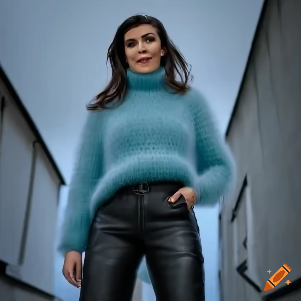 Close-up photo of a woman wearing a white mohair sweater and black leather  trousers on Craiyon