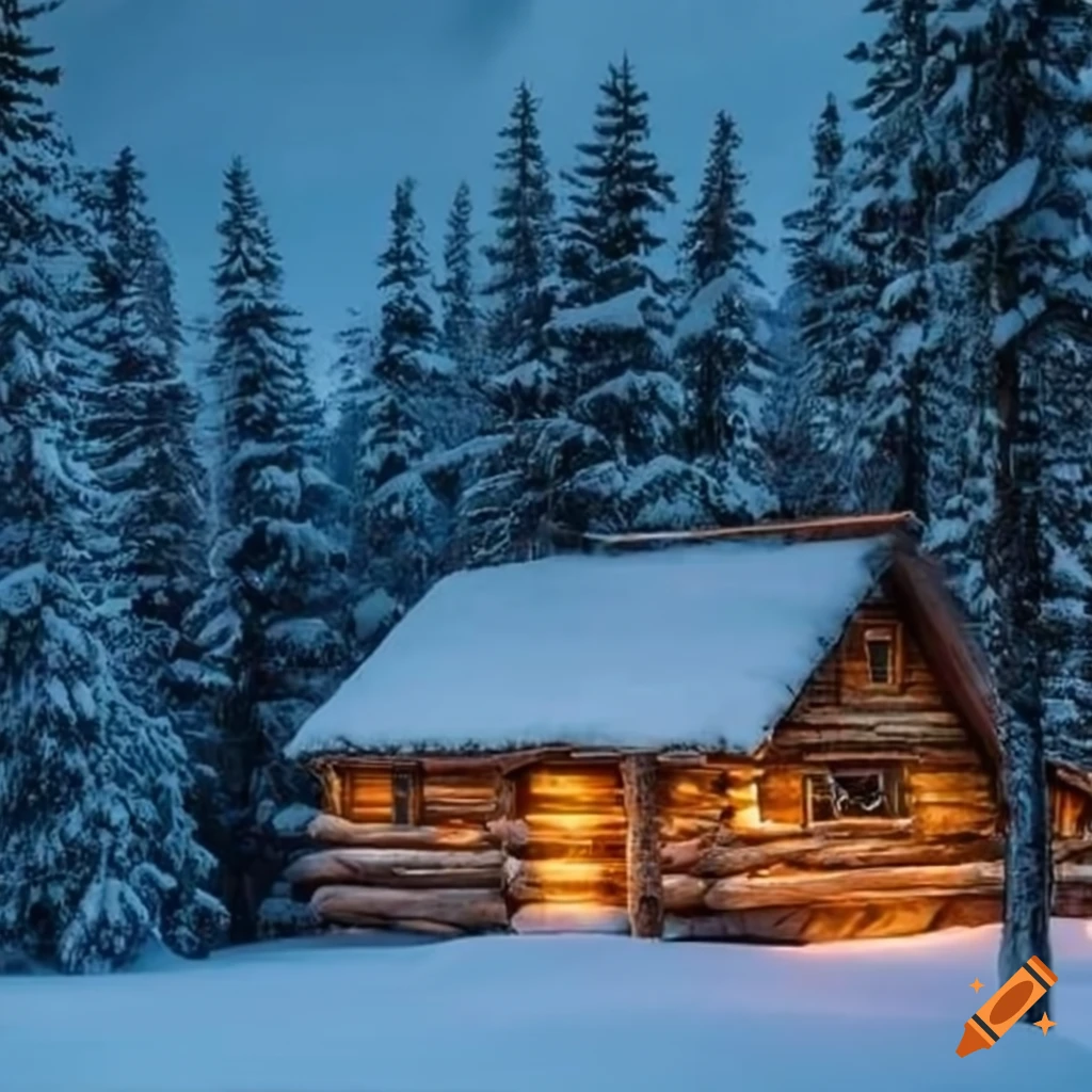 serene log cabin surrounded by snowy mountains and pine trees