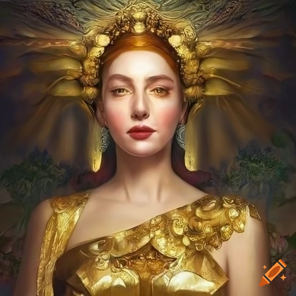 oil painting of a priestess in golden attire