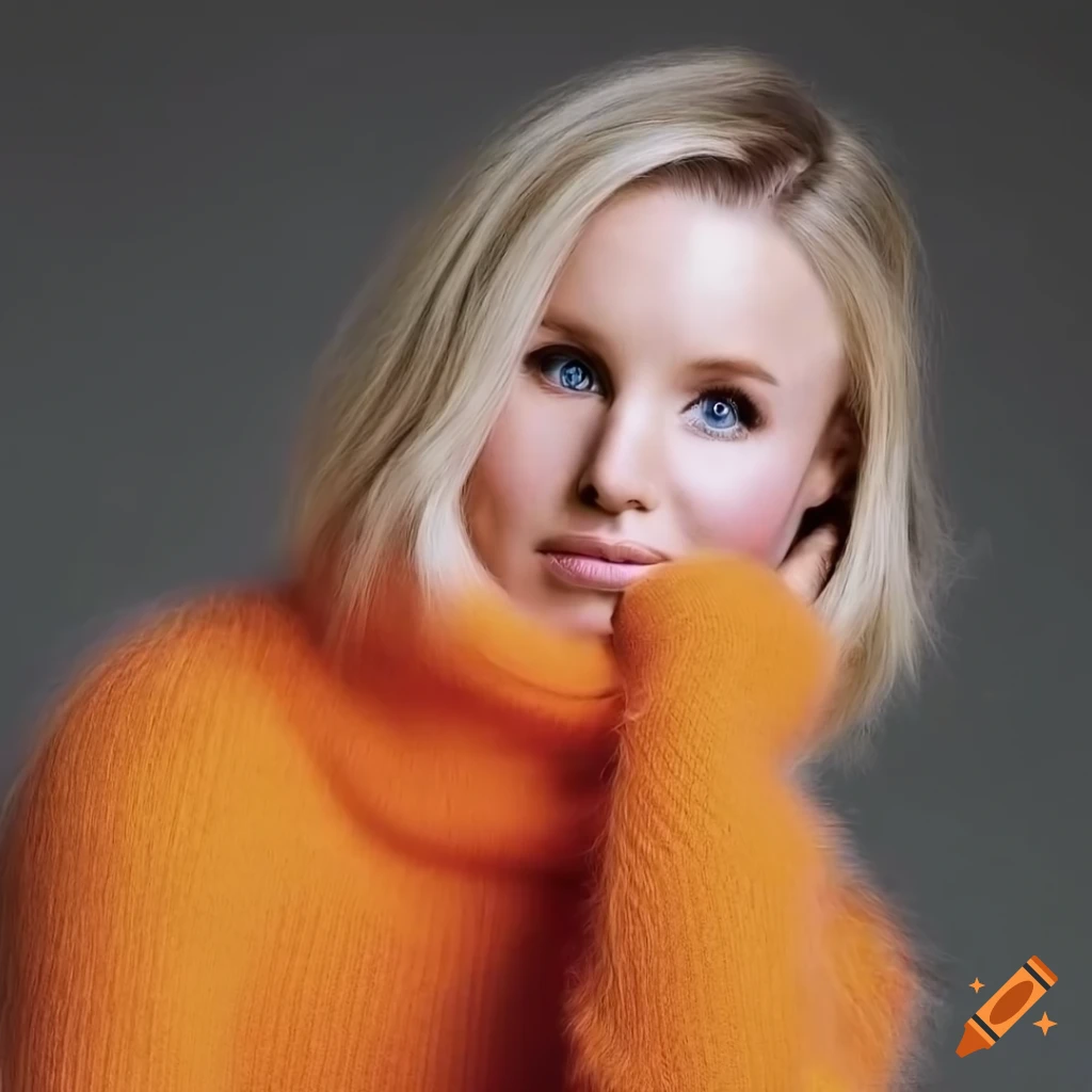 photorealistic portrait of a young woman in orange cropped sweater