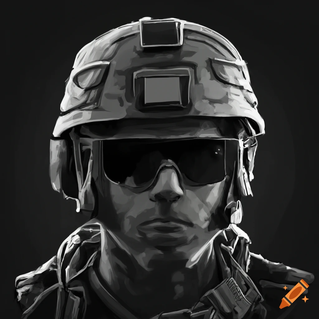 Black and white drawing of a soldier wearing a helmet on Craiyon