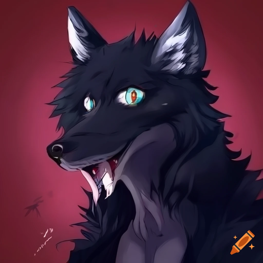Anthropomorphic black wolf with white eyes in anime art style