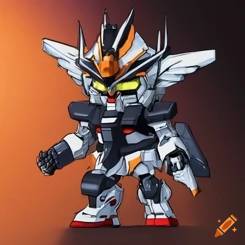 chibi Gundam robot with black, orange, and white color scheme
