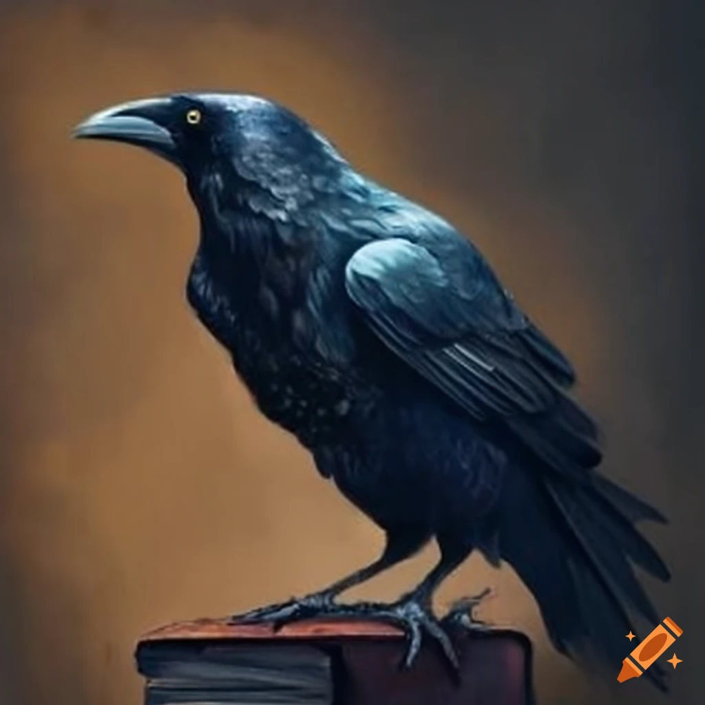 raven perched on old books