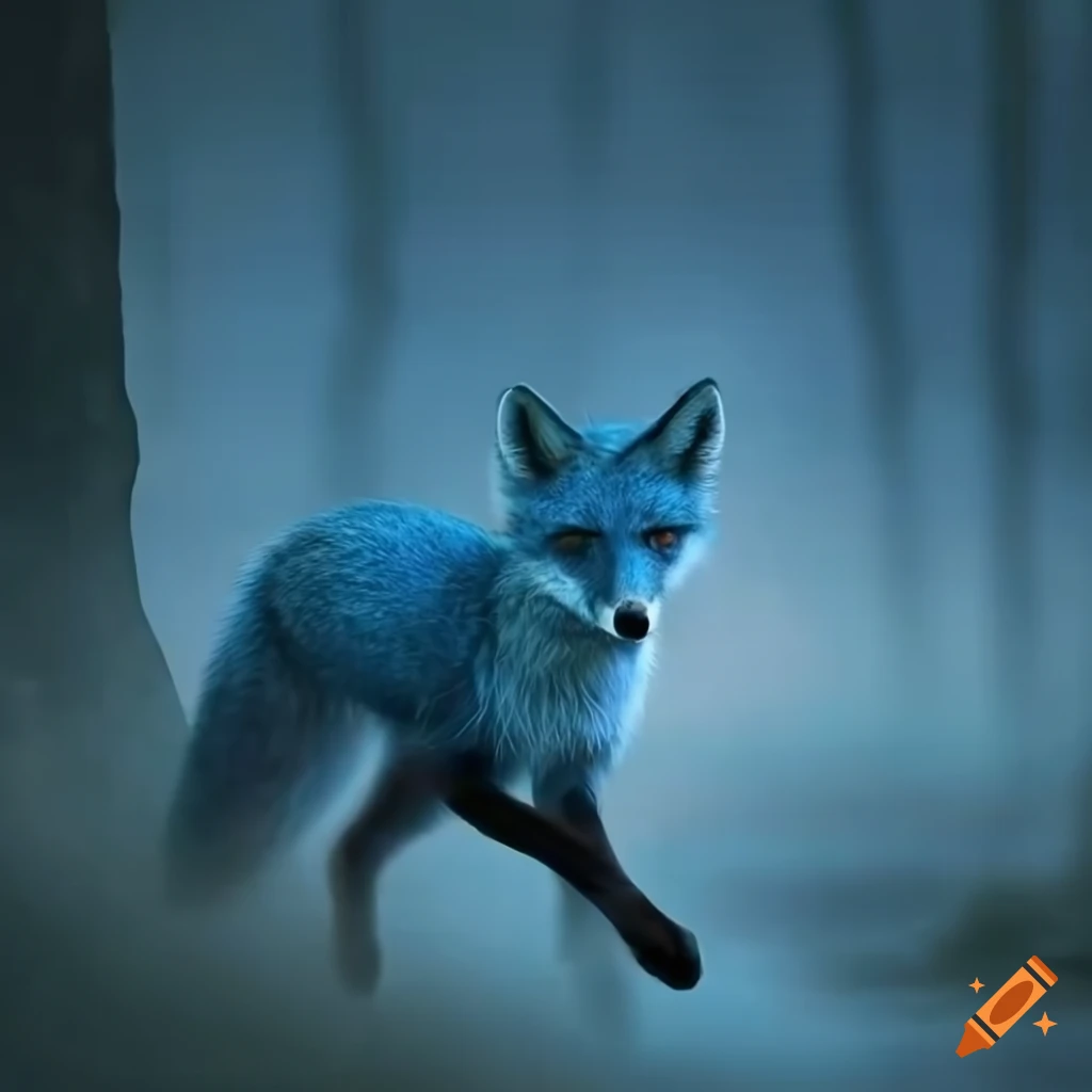 Mystical blue fox running in a starry forest