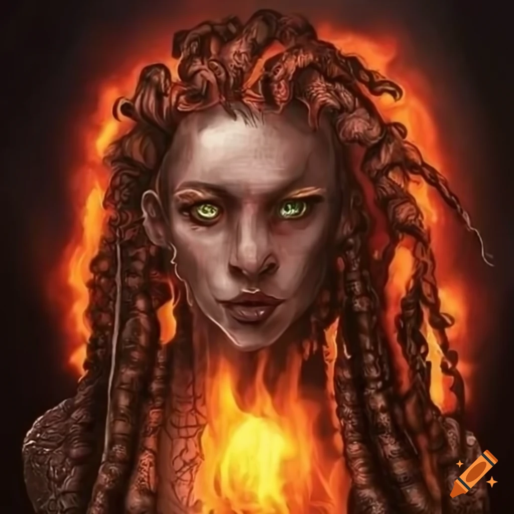 Fantasy artwork of a demigod with lava dreadlocks on Craiyon