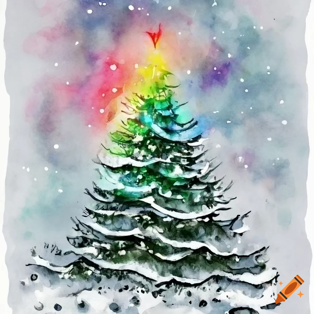 watercolor painting of a rainbow Christmas tree