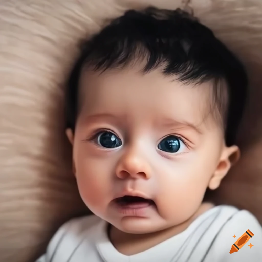 Portrait of a baby boy with light brown eyes and wavy black hair on Craiyon