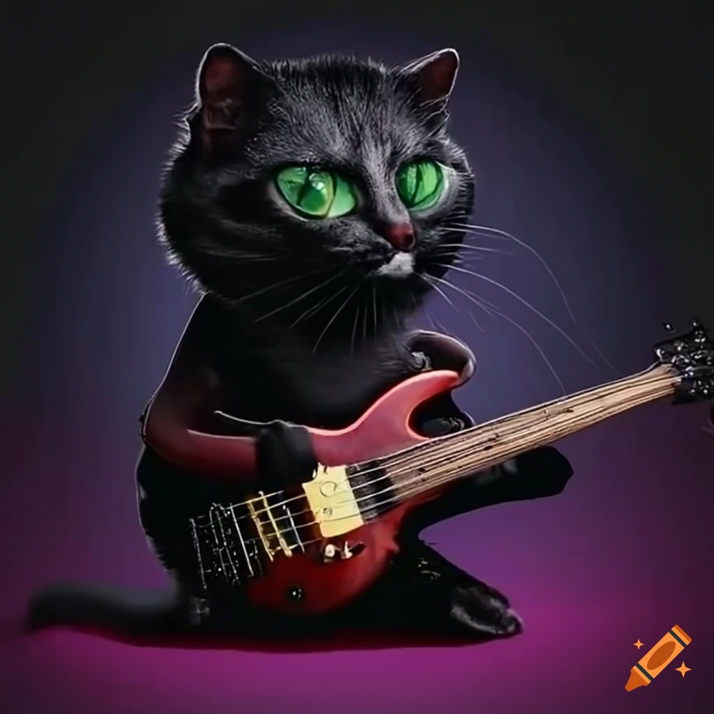 Black cat playing bass guitar on Craiyon