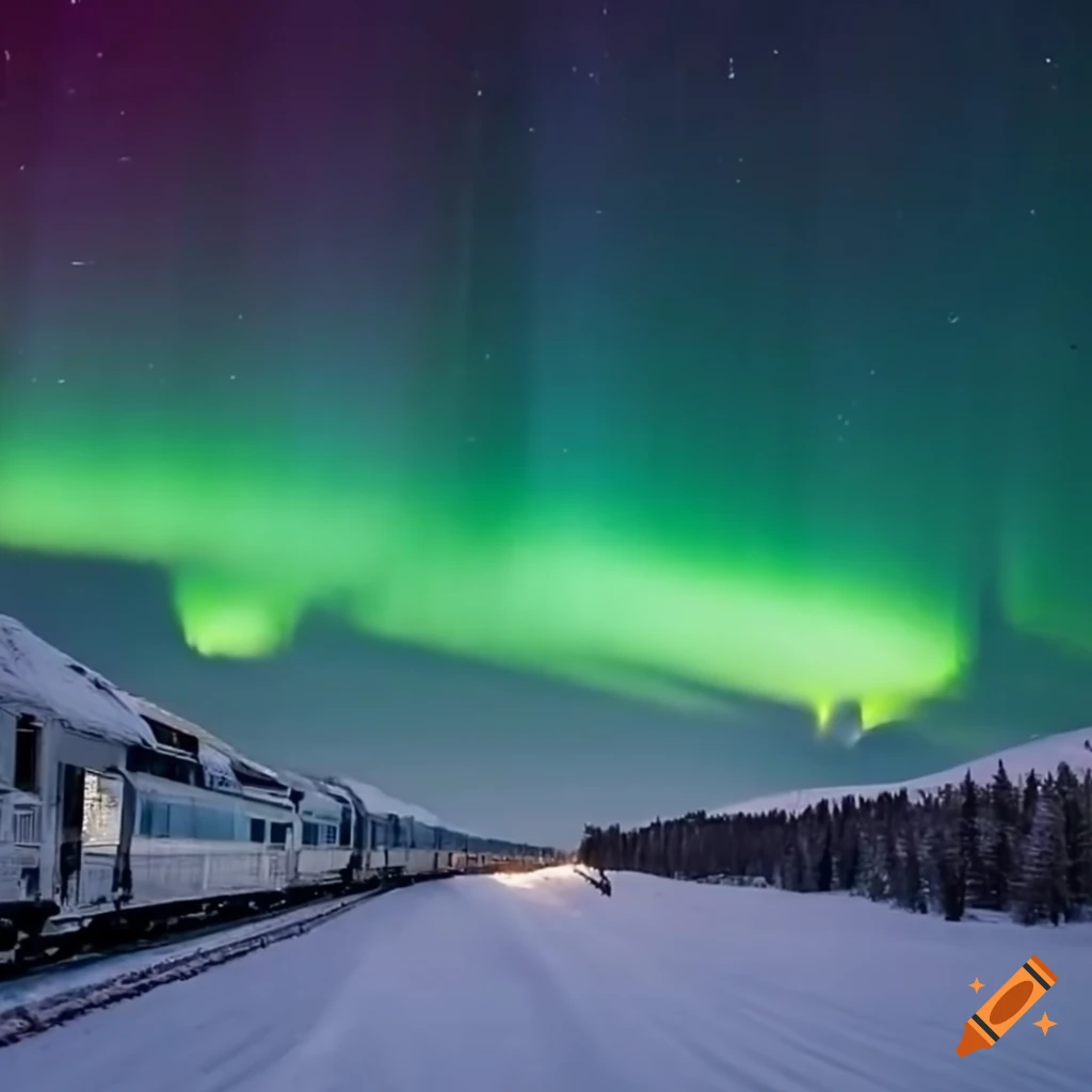 Train journey through snowy mountains with northern lights on Craiyon