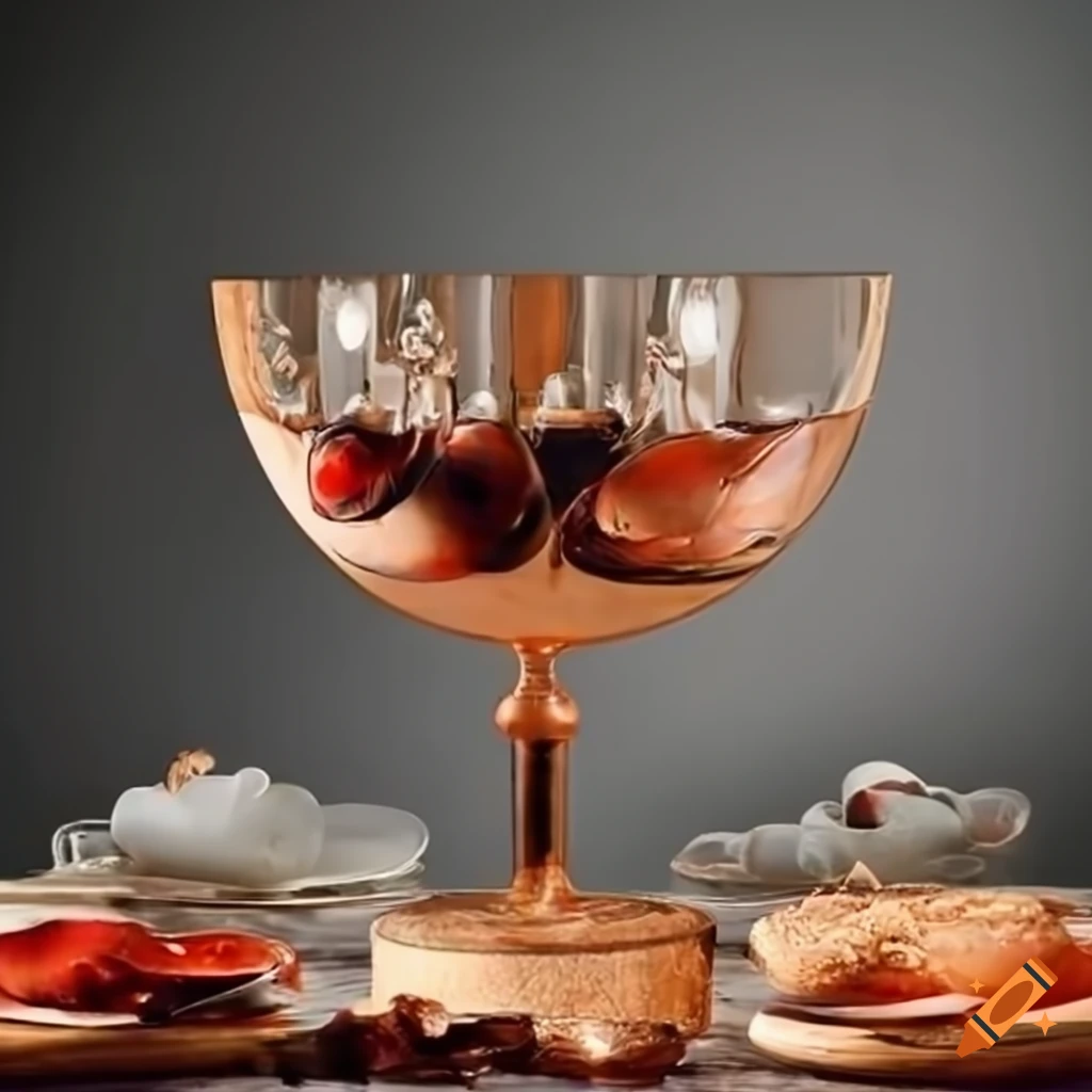surrealistic pastries on a table with glasses and goldfish in a wine glass
