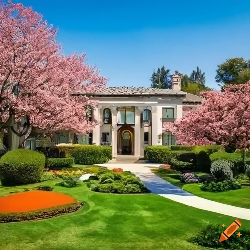 California mansion with cherry blossom trees during sunset