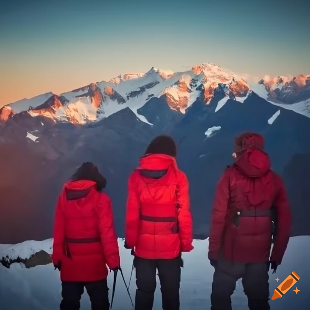 Snowy mountains with people in red jackets on Craiyon