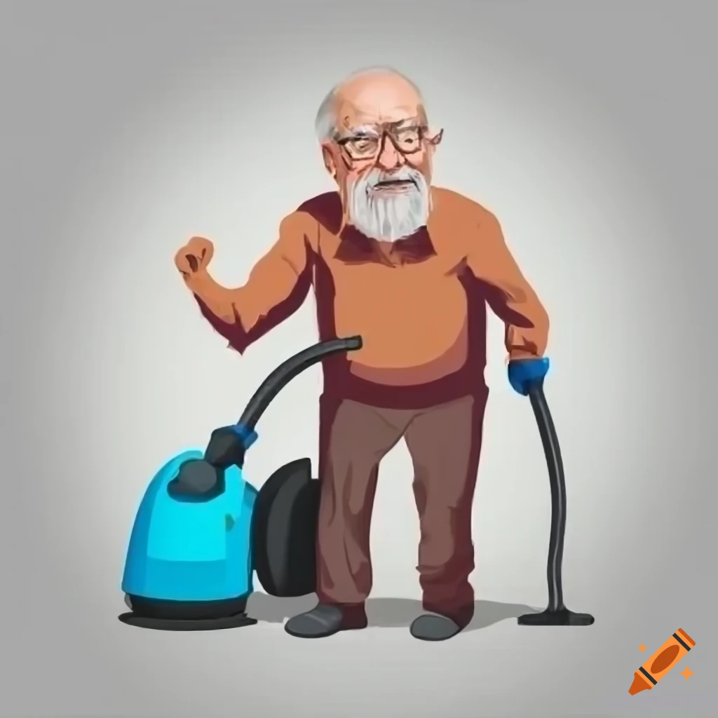 Happy Old Man Cleaning A Car With A Steam Vacuum Cleaner