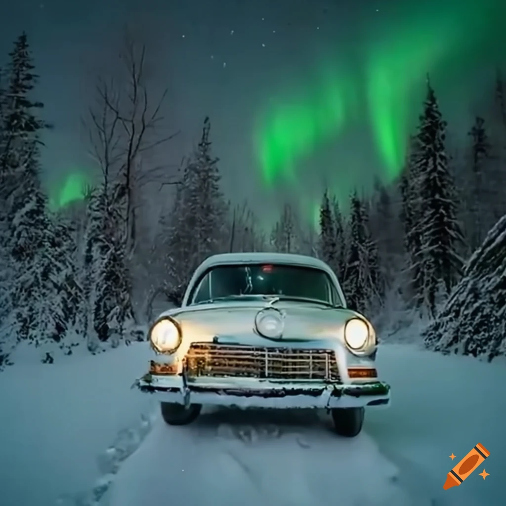 vintage car driving under Northern Lights in snowy forest