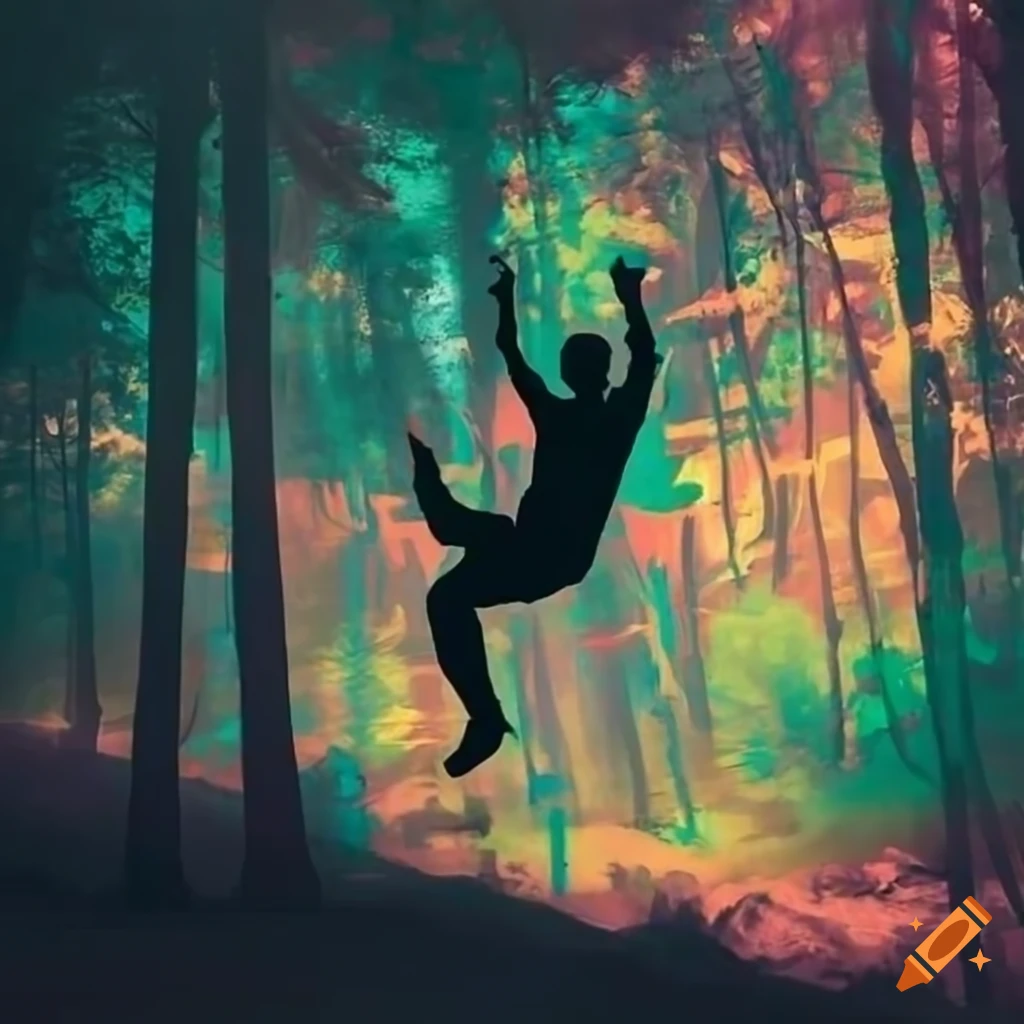 silhouette of a man doing parkour in a colorful urban art style