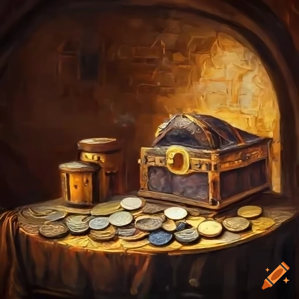 Beautiful Still Life Painting of Dragon's Treasure Chest Overflowing ·  Creative Fabrica