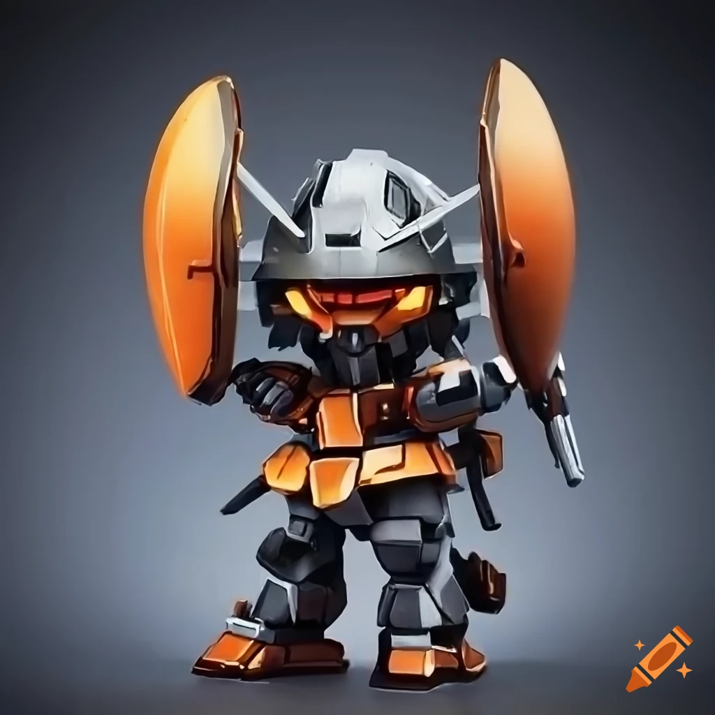 chibi gundam robot in black and orange colors