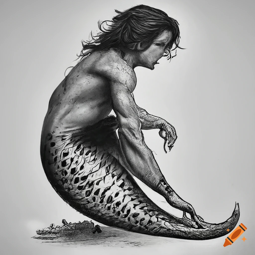 highly detailed etching of Steve Harrington as a merman