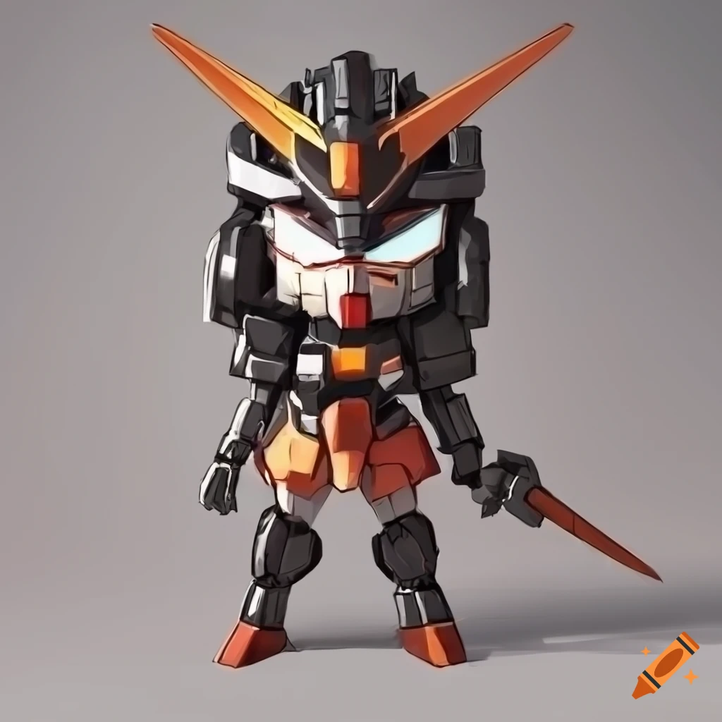 chibi female samurai robot with black and orange metallic armor