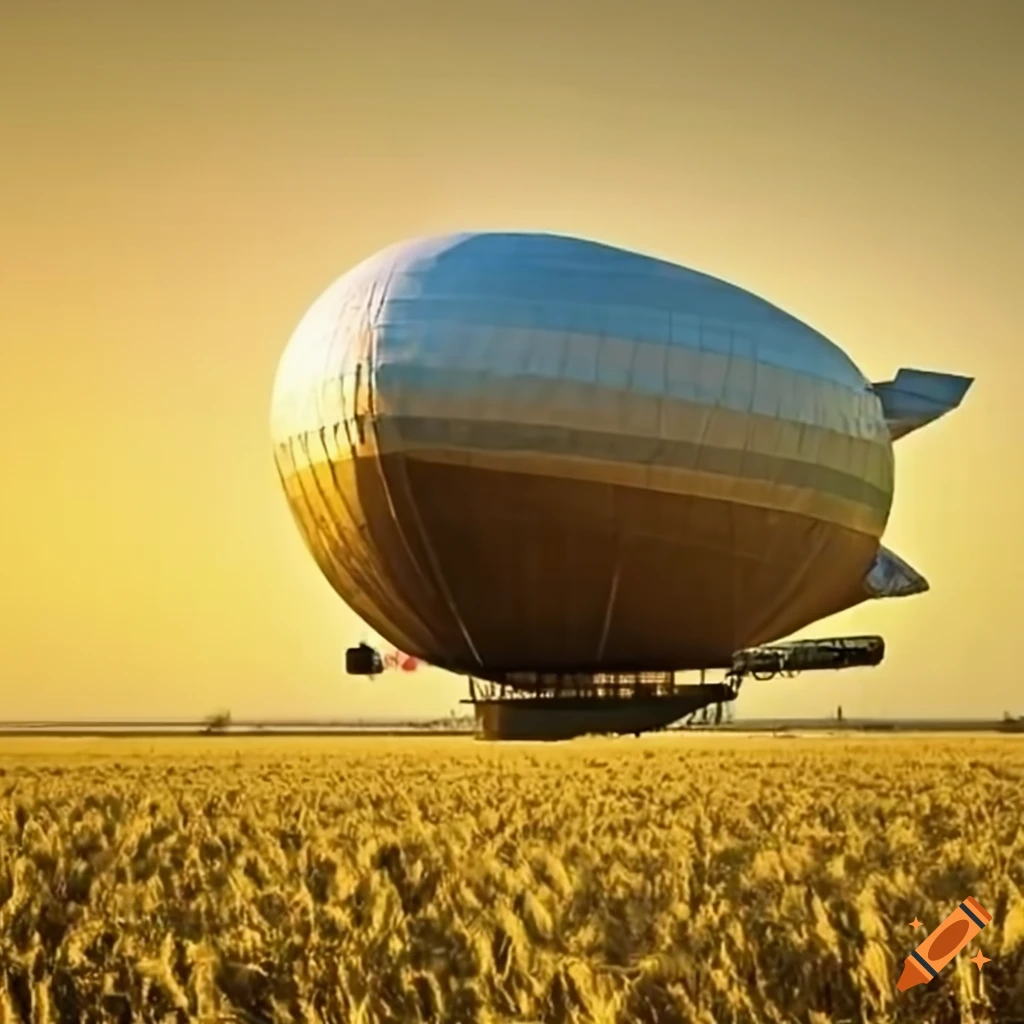 illustration of a zeppelin-shaped airship sailing over a crop field