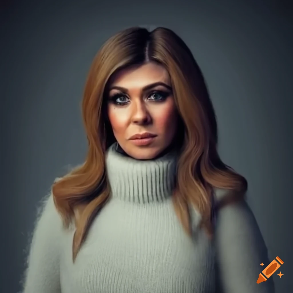 photorealistic portrait of a woman in a white sweater and black leather trousers
