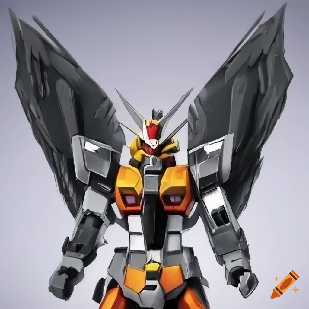 metallic black and orange chibi robot with raven-themed armor