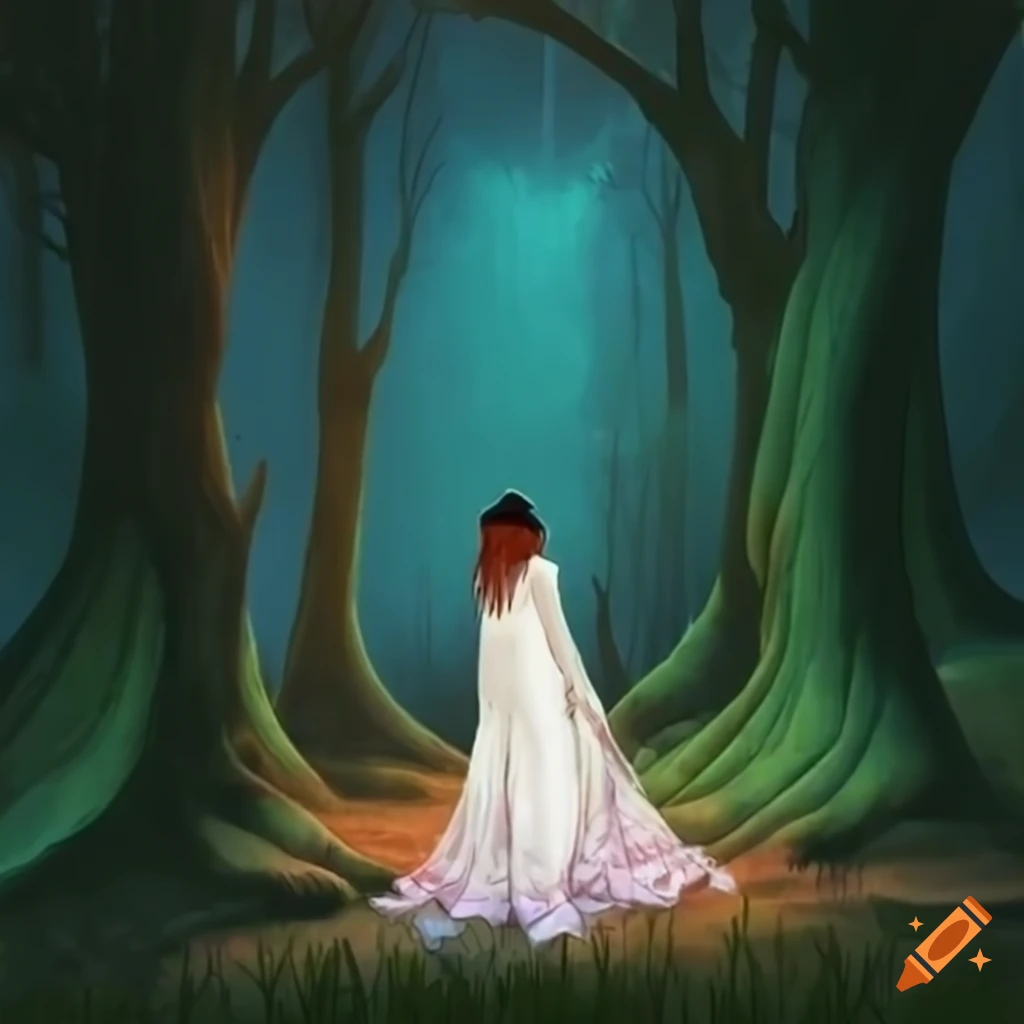 animated art of a woman in a white dress in enchanted forest